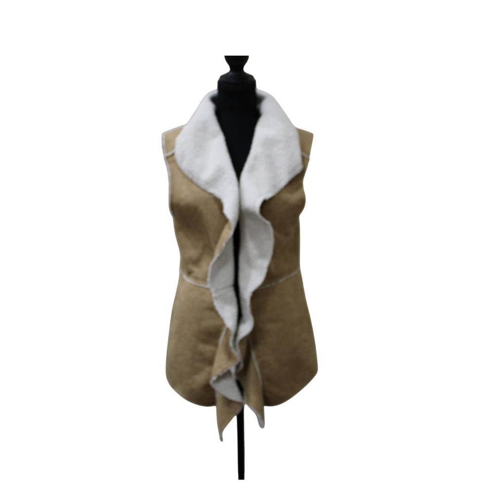 Nine West Vintage America Jeans Vest Womens L Tan Excellent Faux Suede Shearling
